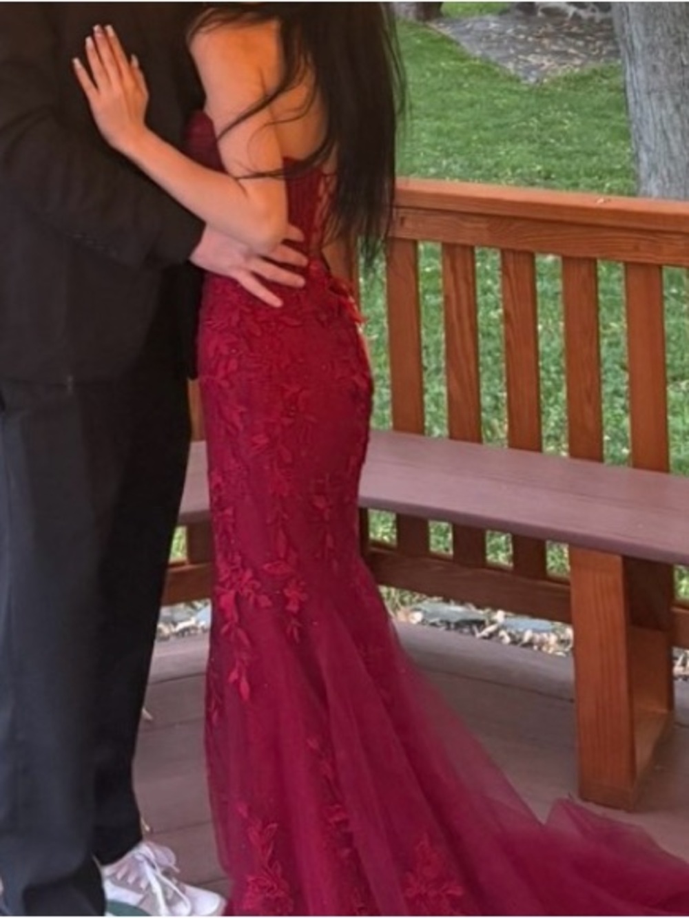 PETITE Burgundy Lace Mermaid Prom Dress with Floral Appliqué